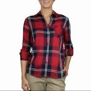 Woolrich Womens XL Red‎ Navy Plaid Button Up Shirt 100% Rayon Roll Tab